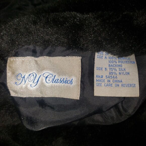 Vintage NY CLASSICS Black Faux Fur Reversible Silk Coat Womens Plus Size 3X - Picture 6 of 8